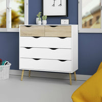 Cassettiera a cinque Aurelio, colore bianco e rovere, Misure 98 x 100 x 39 cm