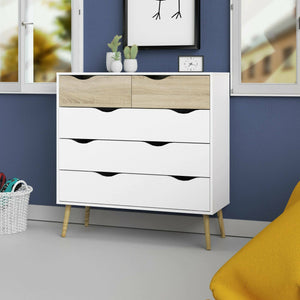 Cassettiera a cinque Aurelio, colore bianco e rovere, Misure 98 x 100 x 39 cm