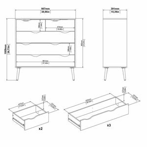 Cassettiera a cinque Aurelio, colore bianco e rovere, Misure 98 x 100 x 39 cm
