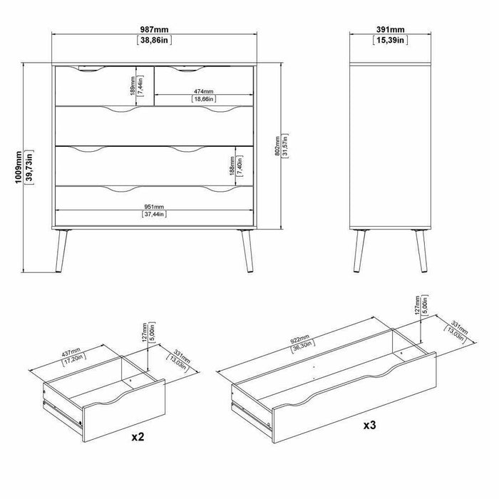 Cassettiera a cinque Aurelio, colore bianco e rovere, Misure 98 x 100 x 39 cm
