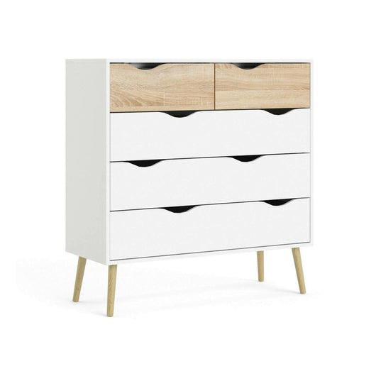 Cassettiera a cinque Aurelio, colore bianco e rovere, Misure 98 x 100 x 39 cm