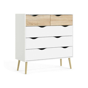 Cassettiera a cinque Aurelio, colore bianco e rovere, Misure 98 x 100 x 39 cm