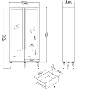 Vetrinetta con due ante battenti a vetro e quattro Amedeo, colore bianco e rovere, Misure 98 x 200 x 39 cm