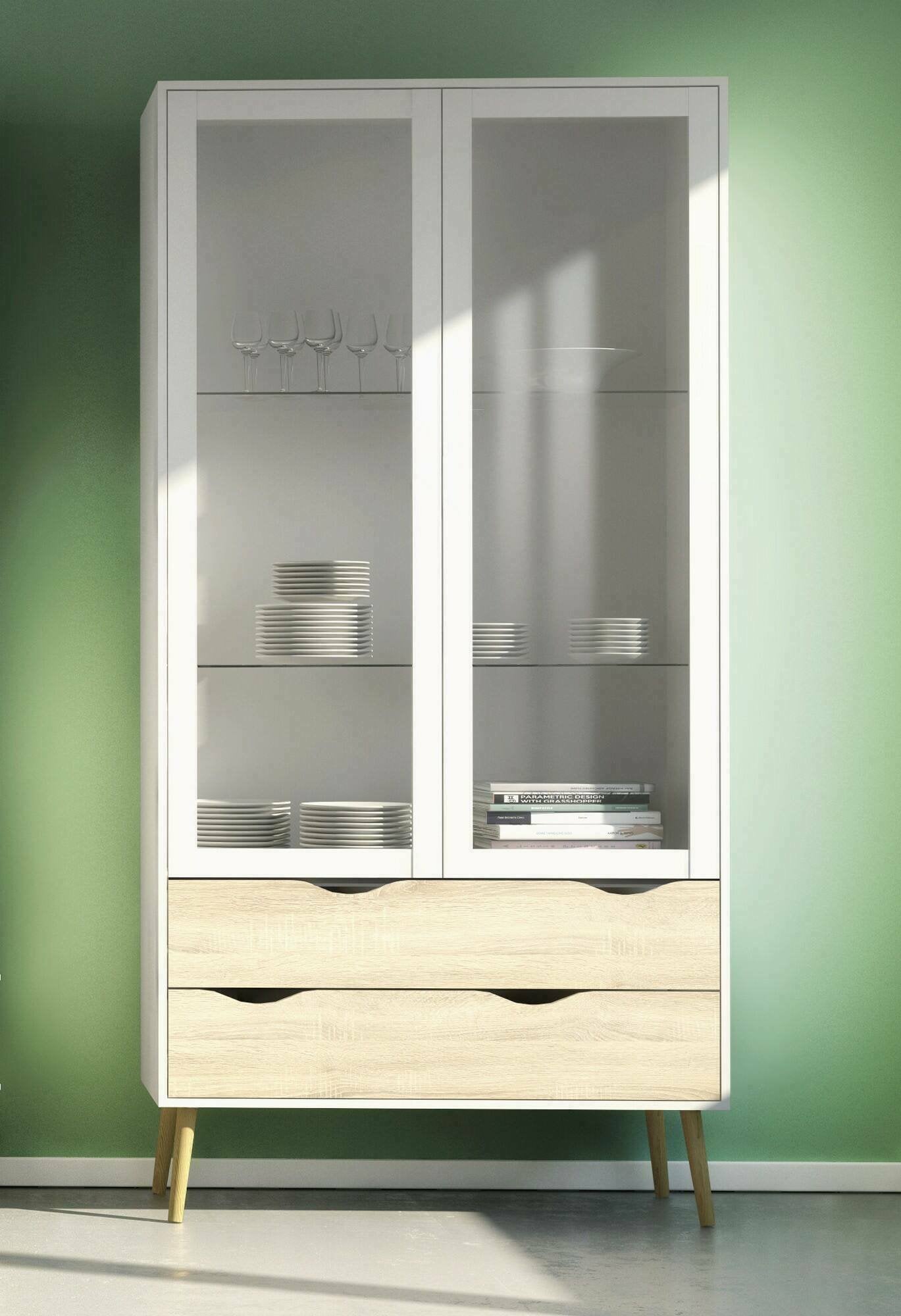 Vetrinetta con due ante battenti a vetro e quattro Amedeo, colore bianco e rovere, Misure 98 x 200 x 39 cm