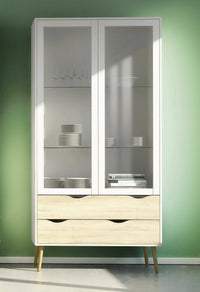 Vetrinetta con due ante battenti a vetro e quattro Amedeo, colore bianco e rovere, Misure 98 x 200 x 39 cm