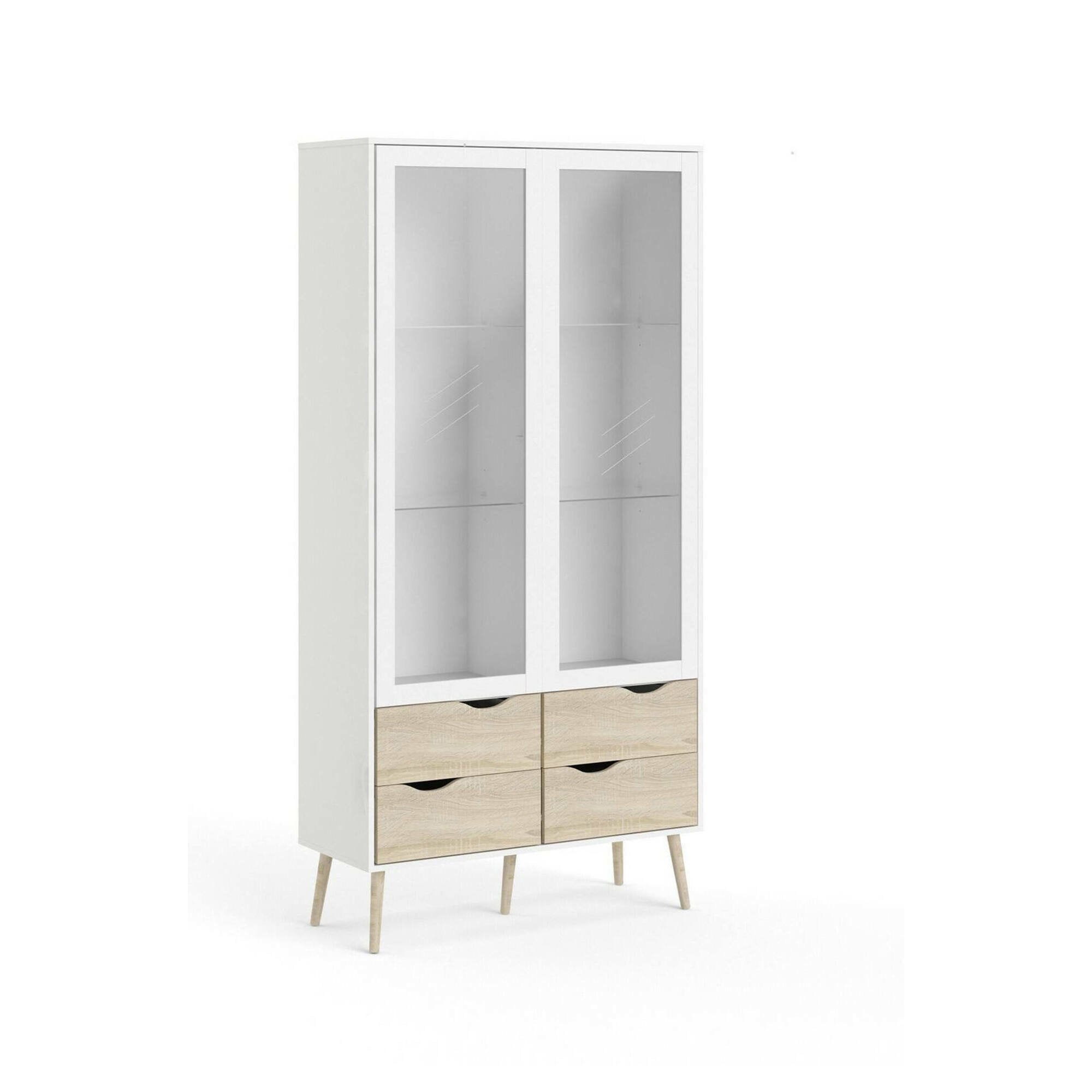 Vetrinetta con due ante battenti a vetro e quattro Amedeo, colore bianco e rovere, Misure 98 x 200 x 39 cm