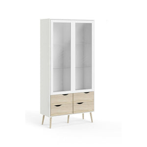 Vetrinetta con due ante battenti a vetro e quattro Amedeo, colore bianco e rovere, Misure 98 x 200 x 39 cm