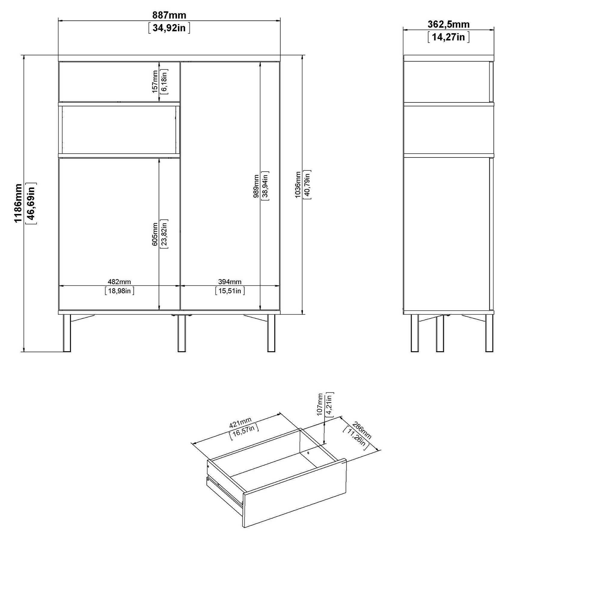Credenza a due ante e un Alfra, colore bianco con un vano di colore rovere, Misure 88 x 118 x 36 cm