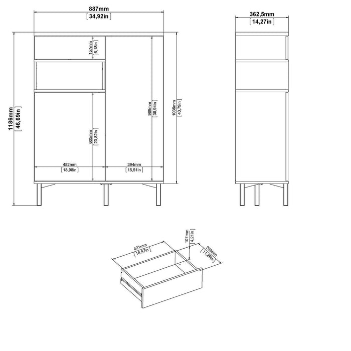Credenza a due ante e un Alfra, colore bianco con un vano di colore rovere, Misure 88 x 118 x 36 cm