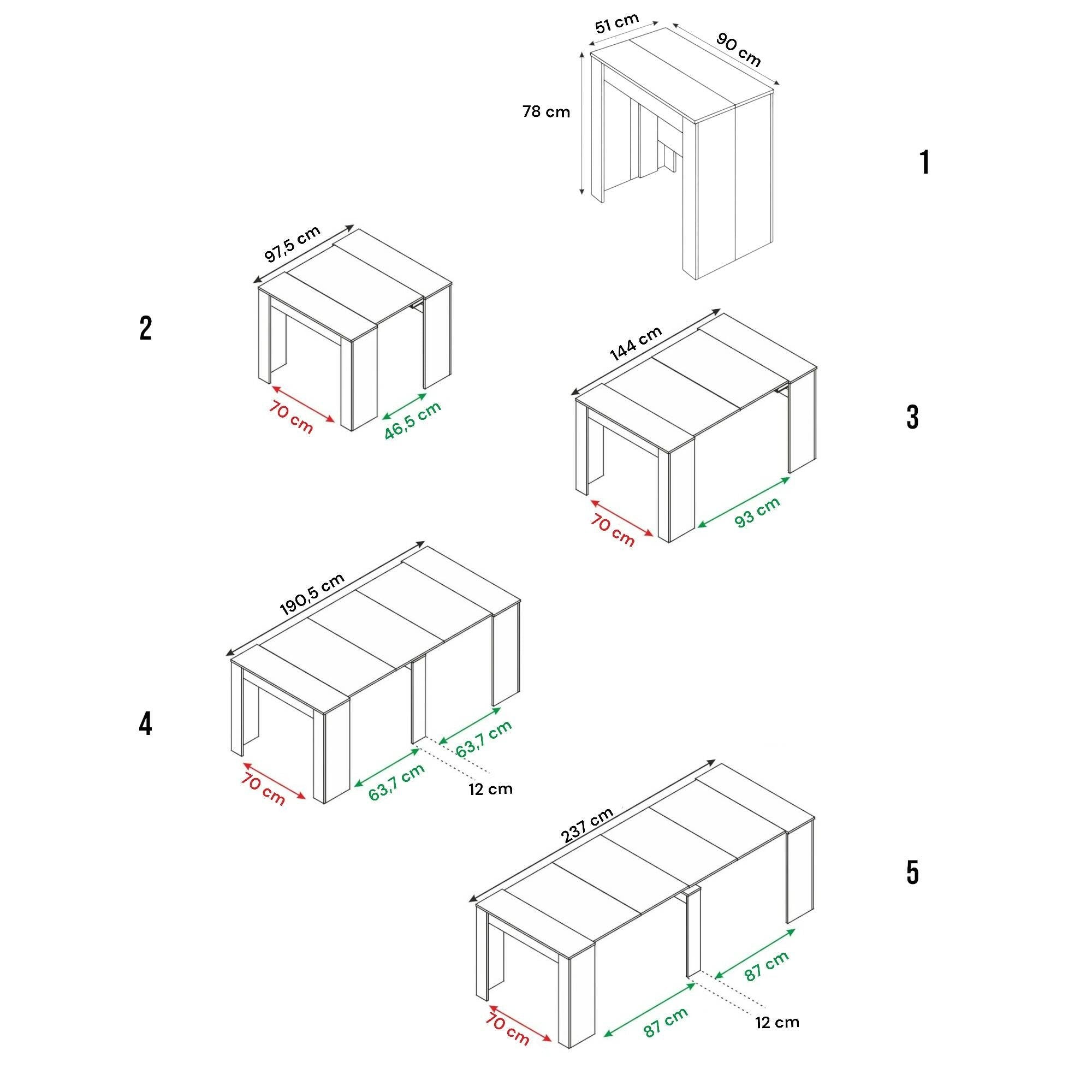 Consolle Abicitren, Tavolo da pranzo allungabile, Tavolo con allunghe multiuso estensibile fino a 10 posti, cm 51/237x90h78, Cemento