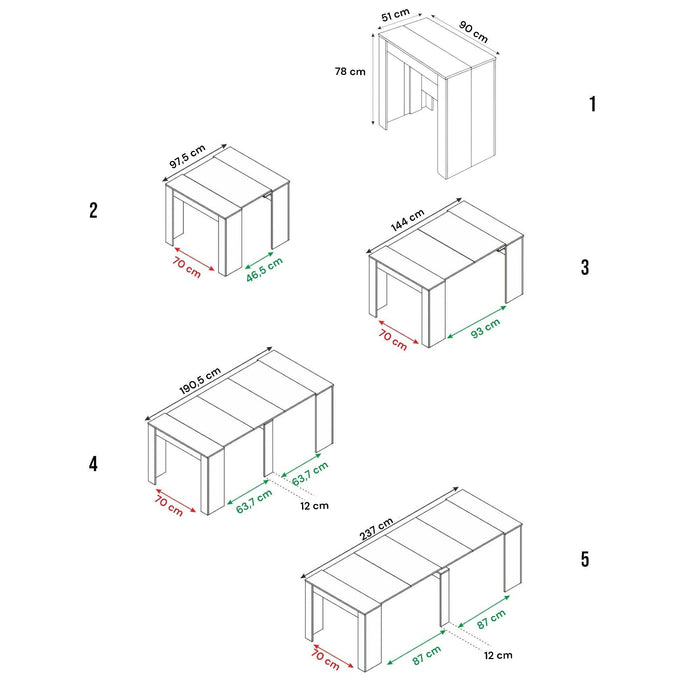 Consolle Abicitren, Tavolo da pranzo allungabile, Tavolo con allunghe multiuso estensibile fino a 10 posti, cm 51/237x90h78, Cemento