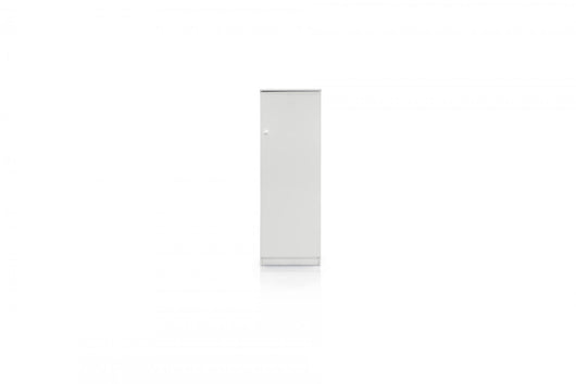 Armadio multifunzione con un'anta unica dalla parte destra e sulla sinistra due ante divise da un cassetto, colore bianco, cm 77 x 34 x 183.