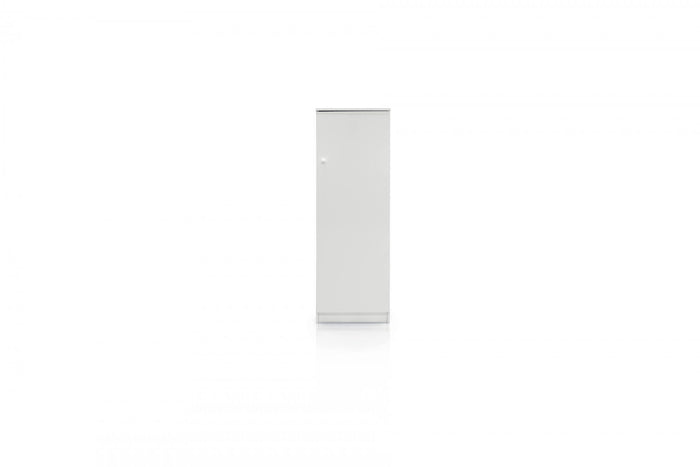 Armadio multifunzione con un'anta unica dalla parte destra e sulla sinistra due ante divise da un cassetto, colore bianco, cm 77 x 34 x 183.
