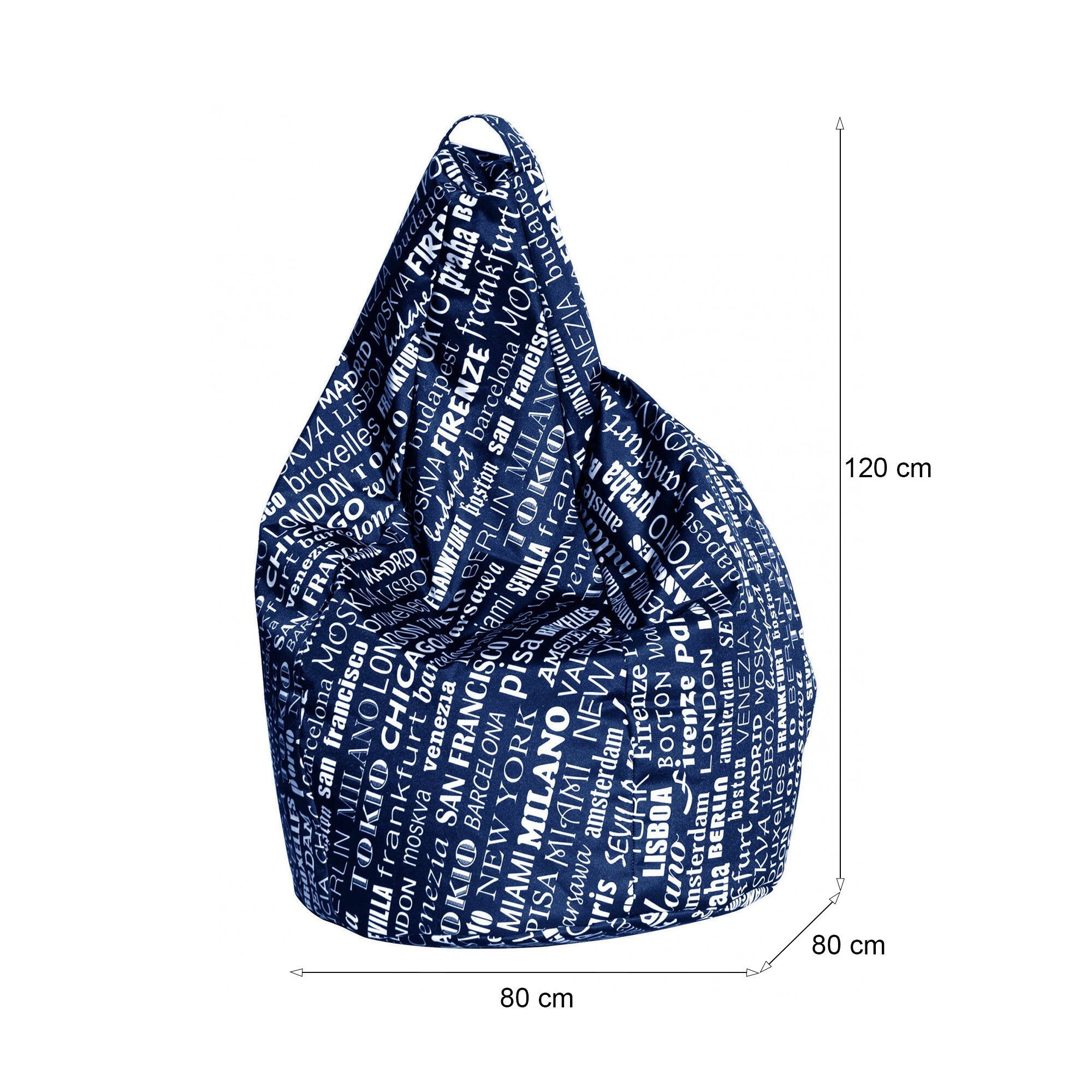 Poltrona a sacco con fantasia con Marisa, colore blu e bianco, Misure 80 x 120 x 80 cm