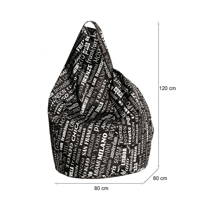 Poltrona a sacco con fantasia con Marisa, colore bianco e nero, Misure 80 x 120 x 80 cm