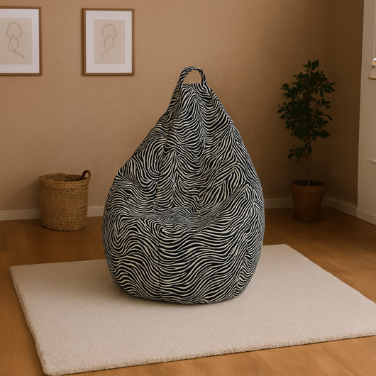 Poltrona a sacco con fantasia Maristella, colore bianco e nero, Misure 80 x 120 x 80 cm