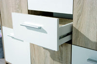 Credenza a cinque ante e due cassetti nella parte Dvega, colore bianco e rovere, Misure 115 x 77 x 30 cm