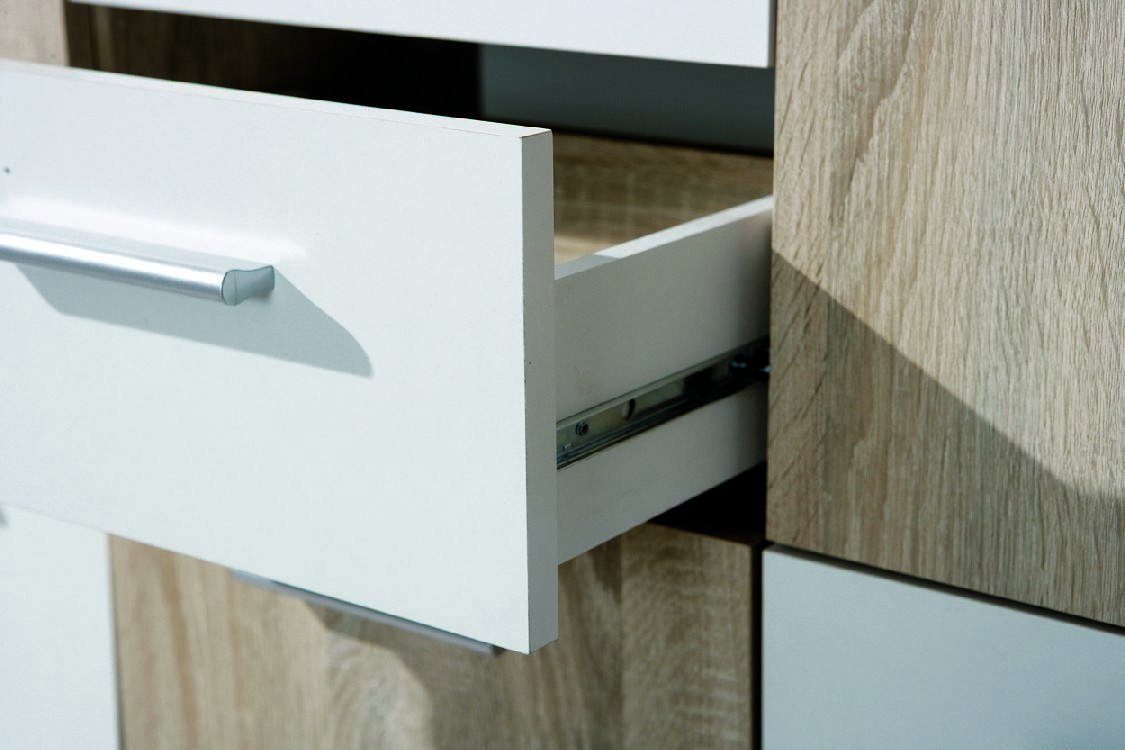 Credenza a cinque ante e due cassetti nella parte Dvega, colore bianco e rovere, Misure 115 x 77 x 30 cm