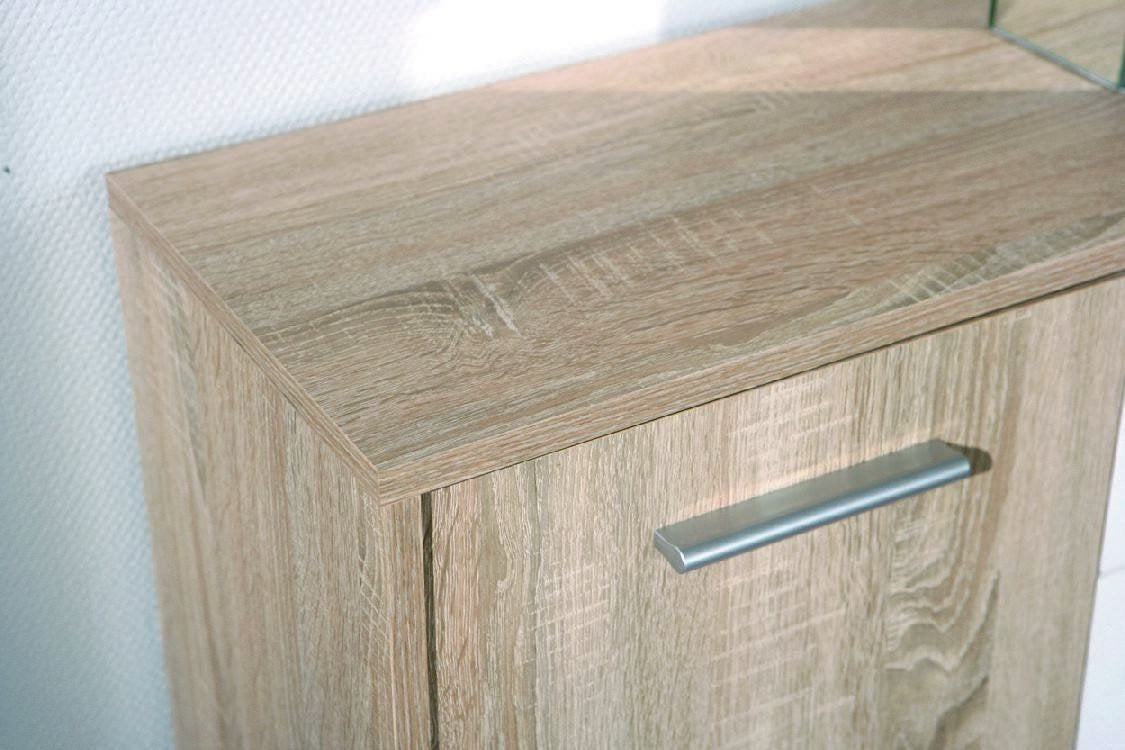 Credenza a cinque ante e due cassetti nella parte Dvega, colore bianco e rovere, Misure 115 x 77 x 30 cm