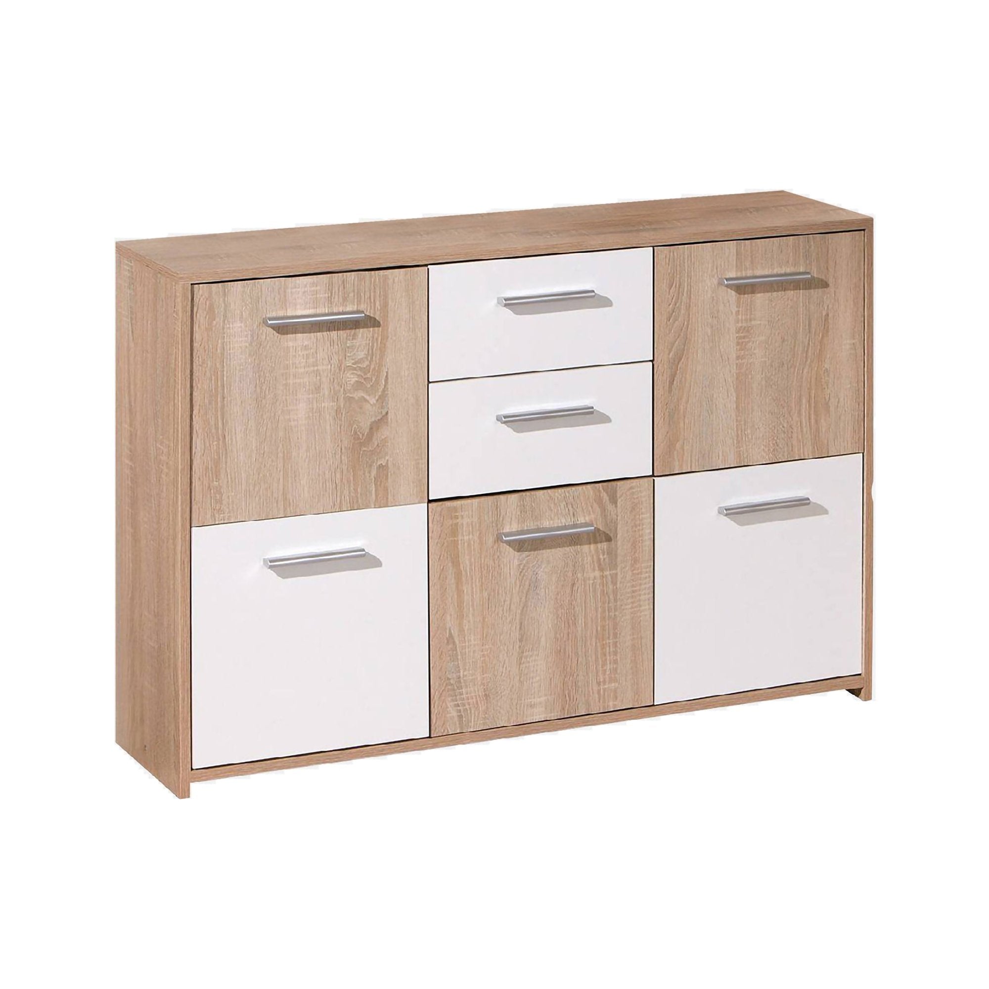 Credenza a cinque ante e due cassetti nella parte Dvega, colore bianco e rovere, Misure 115 x 77 x 30 cm