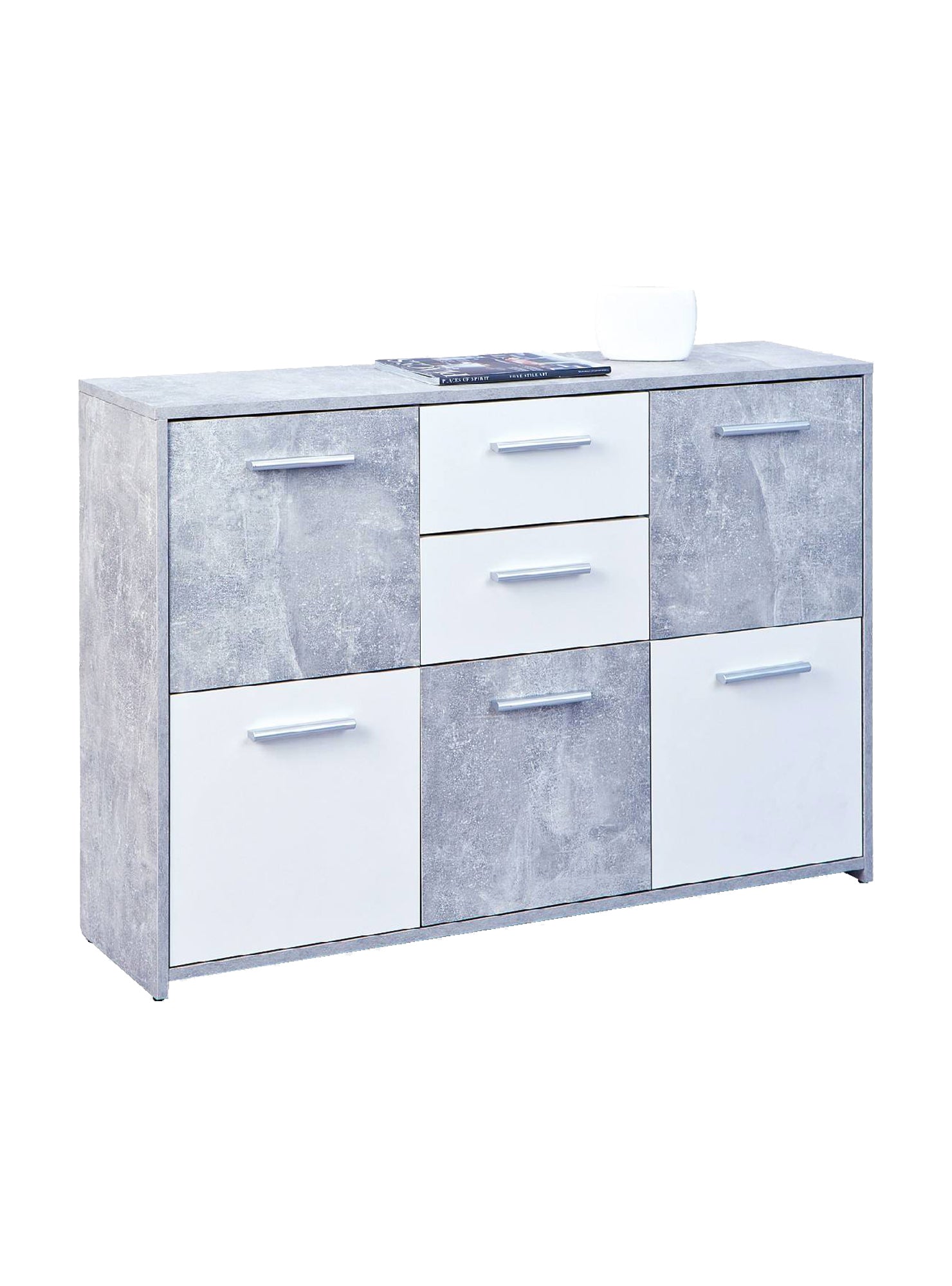 Credenza a cinque ante e due cassetti nella parte Dvega, colore bianco e cemento, Misure 115 x 77 x 30 cm