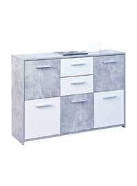Credenza a cinque ante e due cassetti nella parte Dvega, colore bianco e cemento, Misure 115 x 77 x 30 cm
