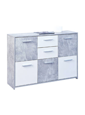 Credenza a cinque ante e due cassetti nella parte Dvega, colore bianco e cemento, Misure 115 x 77 x 30 cm