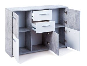 Credenza a cinque ante e due cassetti nella parte Dvega, colore bianco e cemento, Misure 115 x 77 x 30 cm