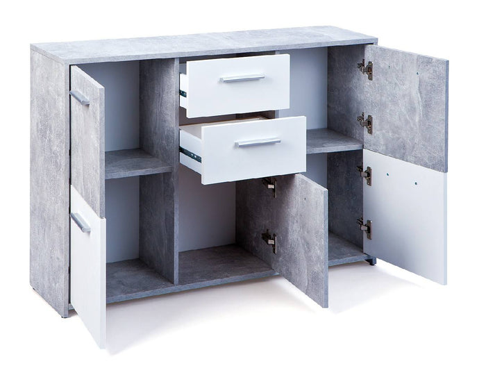 Credenza a cinque ante e due cassetti nella parte Dvega, colore bianco e cemento, Misure 115 x 77 x 30 cm