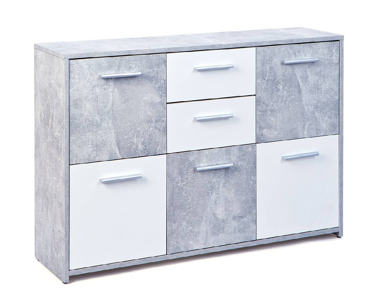 Credenza a cinque ante e due cassetti nella parte Dvega, colore bianco e cemento, Misure 115 x 77 x 30 cm