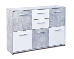 Credenza a cinque ante e due cassetti nella parte Dvega, colore bianco e cemento, Misure 115 x 77 x 30 cm