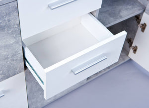 Credenza a cinque ante e due cassetti nella parte Dvega, colore bianco e cemento, Misure 115 x 77 x 30 cm