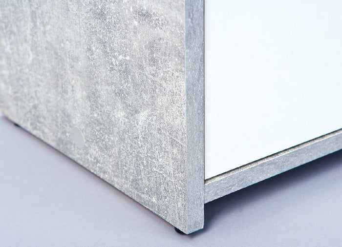 Credenza a cinque ante e due cassetti nella parte Dvega, colore bianco e cemento, Misure 115 x 77 x 30 cm