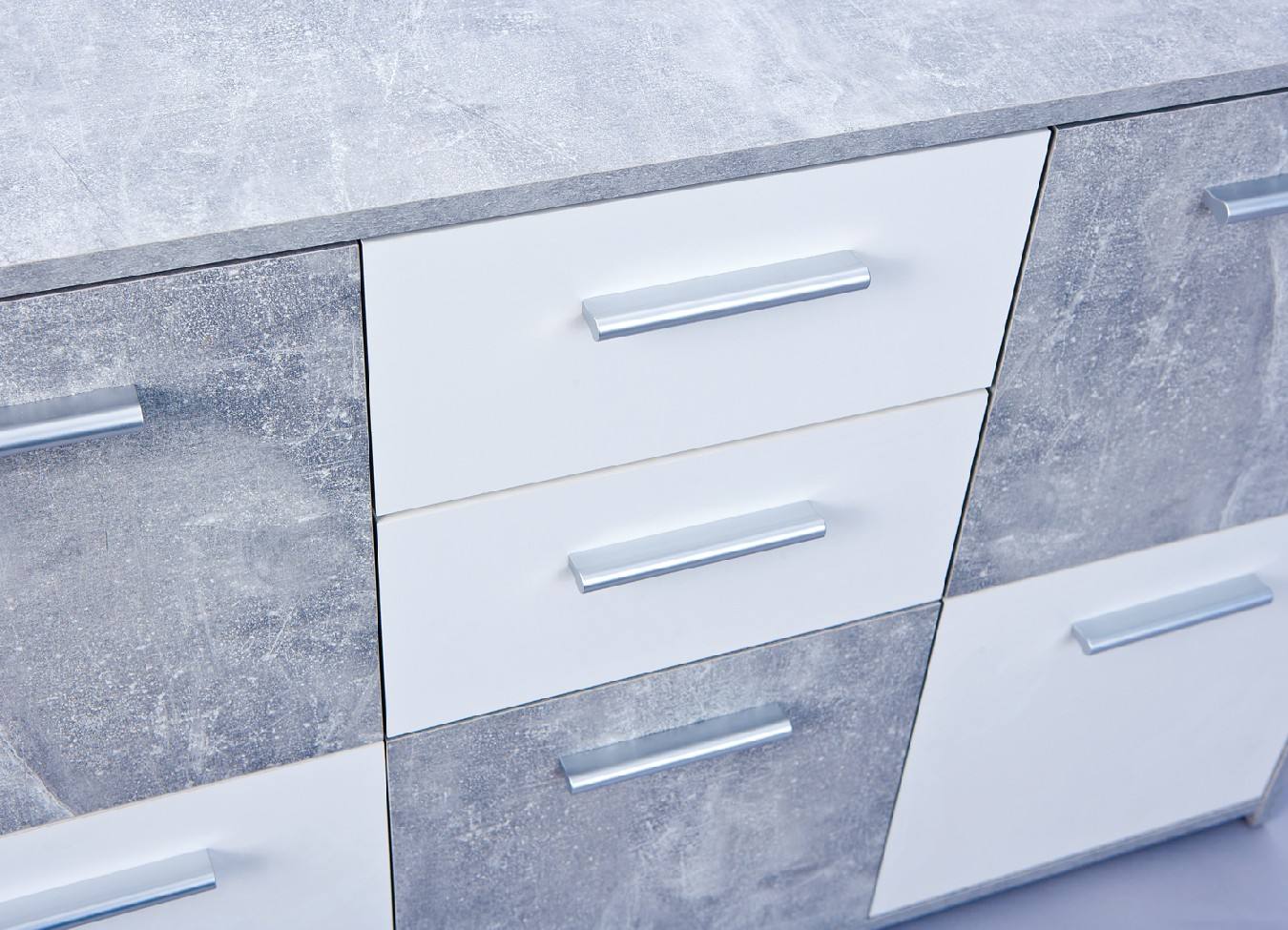 Credenza a cinque ante e due cassetti nella parte Dvega, colore bianco e cemento, Misure 115 x 77 x 30 cm