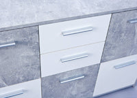 Credenza a cinque ante e due cassetti nella parte Dvega, colore bianco e cemento, Misure 115 x 77 x 30 cm