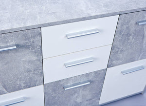 Credenza a cinque ante e due cassetti nella parte Dvega, colore bianco e cemento, Misure 115 x 77 x 30 cm