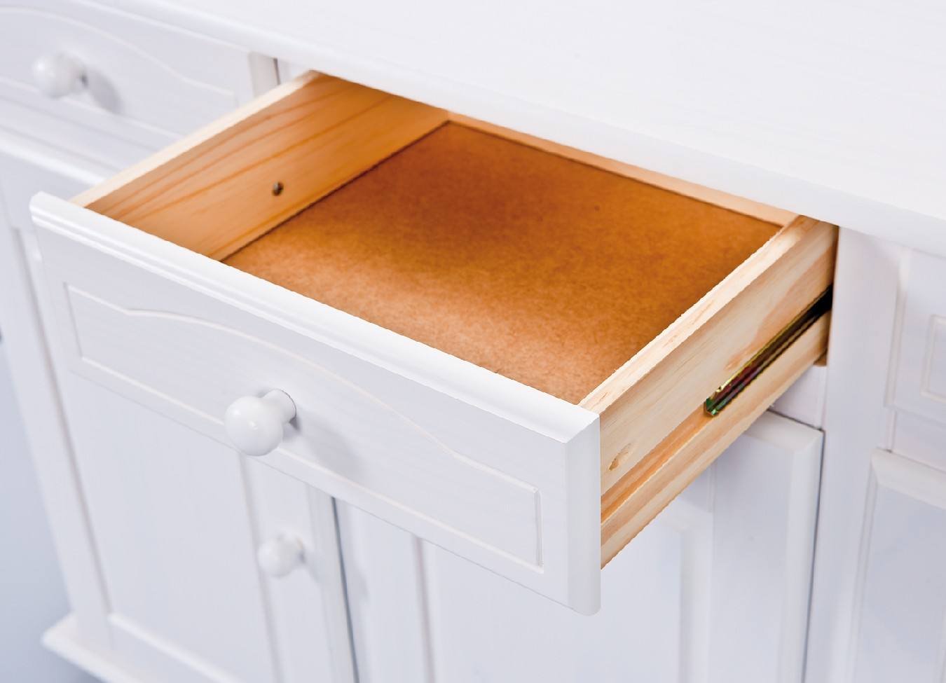 Credenza in con tre ante e cassetti con vetrinetta Dkohle, colore bianco, cm 130 x 198 x 32