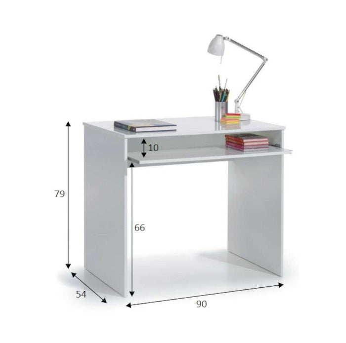 Scrivania Ajeje, Scrittoio per ufficio con ripiano, Tavolo da studio porta PC da ufficio o cameretta, Tavolo da studio, cm 90x54h79, Bianco