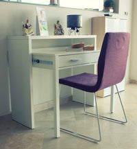 Consolle Andriy, Scrivania con piano estensibile, Scrittoio porta PC con 2 cassetti, cm 99x36h88, Bianco