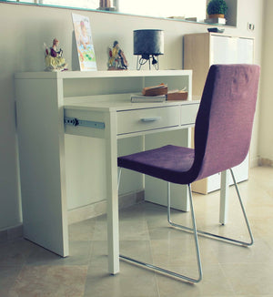 Consolle Andriy, Scrivania con piano estensibile, Scrittoio porta PC con 2 cassetti, cm 99x36h88, Bianco