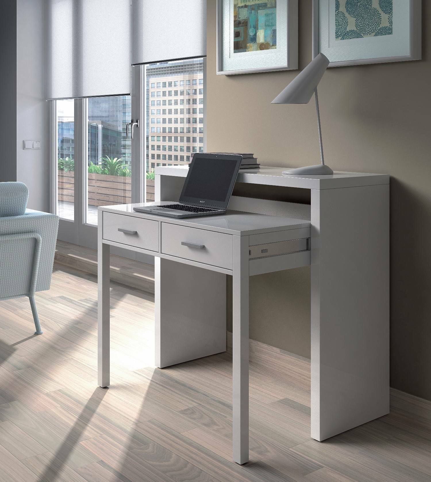 Consolle Andriy, Scrivania con piano estensibile, Scrittoio porta PC con 2 cassetti, cm 99x36h88, Bianco