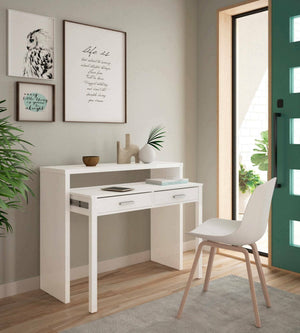 Consolle Andriy, Scrivania con piano estensibile, Scrittoio porta PC con 2 cassetti, cm 99x36h88, Bianco