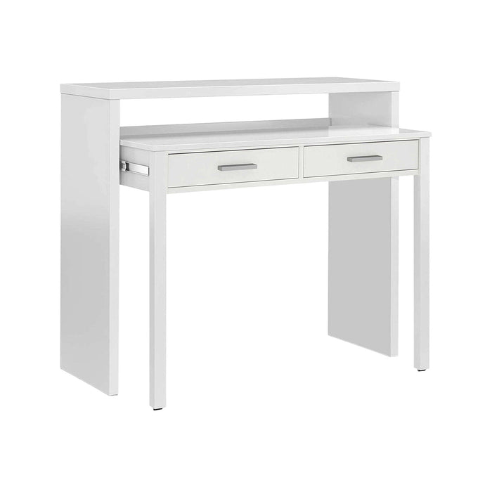 Consolle Andriy, Scrivania con piano estensibile, Scrittoio porta PC con 2 cassetti, cm 99x36h88, Bianco