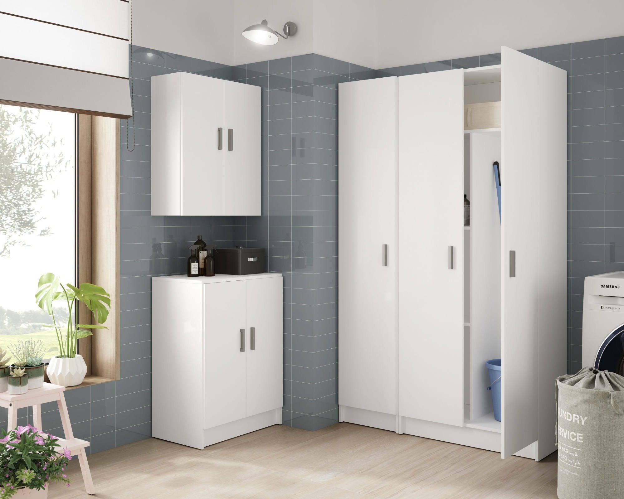 Armadio multiuso Pan, Mobile ausiliario basso a 2 ante, Portascarpe a 1 ripiano, Armadietto multifunzione, cm 59x37h80, Bianco