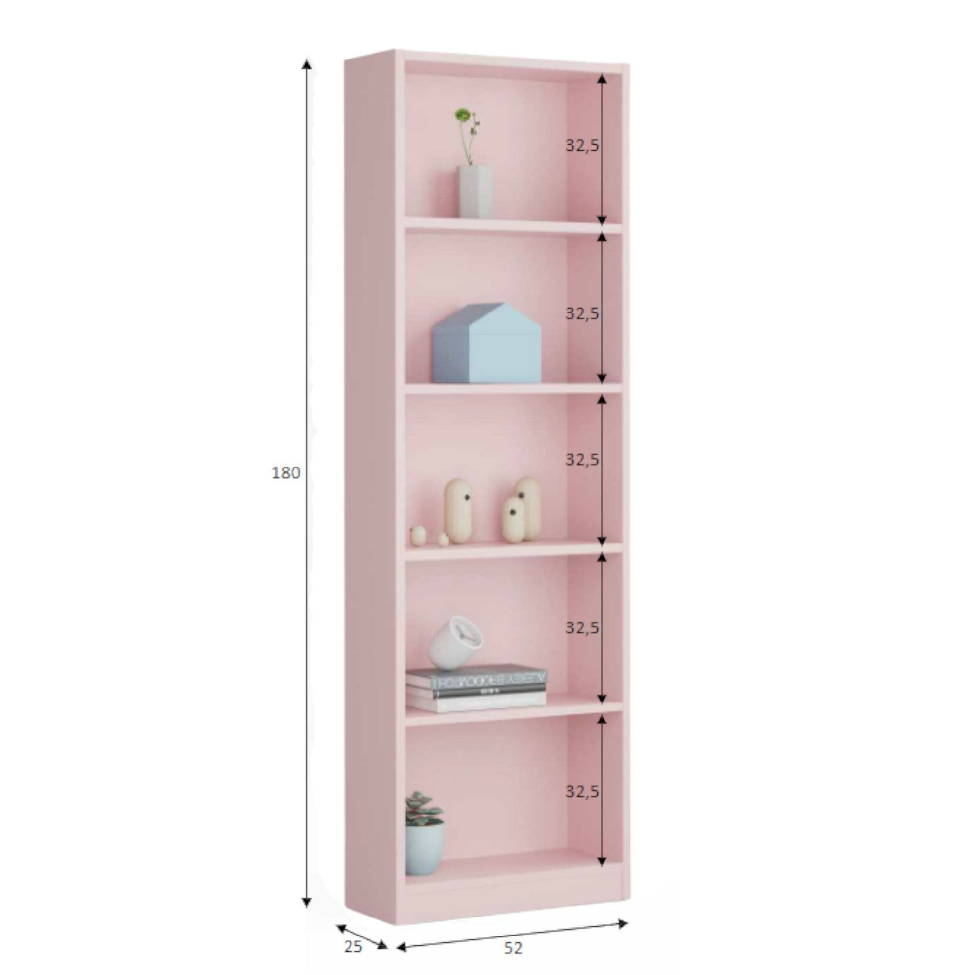 Libreria Artico, Mobile portalibri alta a 5 ripiani, Scaffale da ufficio o cameretta, Scaffale moderno con scomparti, cm 52x25h80, Rosa