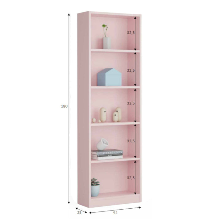 Libreria Artico, Mobile portalibri alta a 5 ripiani, Scaffale da ufficio o cameretta, Scaffale moderno con scomparti, cm 52x25h80, Rosa