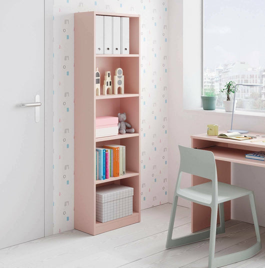Libreria Artico, Mobile portalibri alta a 5 ripiani, Scaffale da ufficio o cameretta, Scaffale moderno con scomparti, cm 52x25h80, Rosa