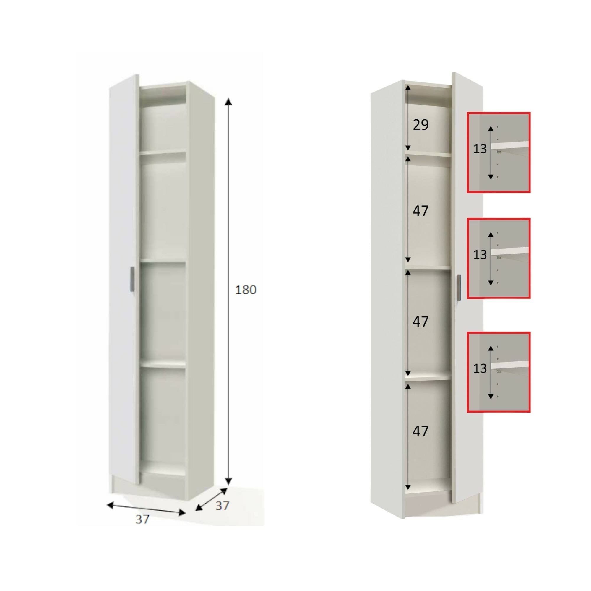 Armadio multiuso Alexander, Mobile ausiliario a 1 anta, Guardaroba portascarpe con ripiani, Scarpiera verticale, cm 37x37h180, Bianco