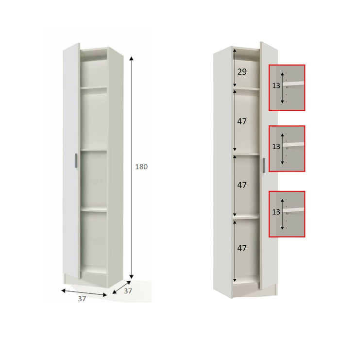 Armadio multiuso Alexander, Mobile ausiliario a 1 anta, Guardaroba portascarpe con ripiani, Scarpiera verticale, cm 37x37h180, Bianco
