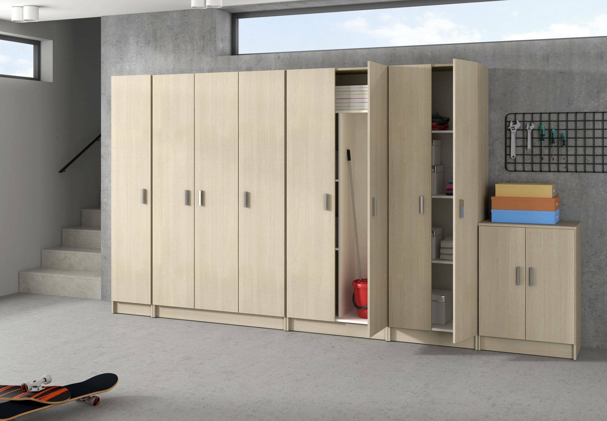 Armadio multiuso Alexander, Mobile ausiliario a 1 anta, Guardaroba portascarpe con ripiani, Scarpiera verticale, cm 37x37h180, Rovere